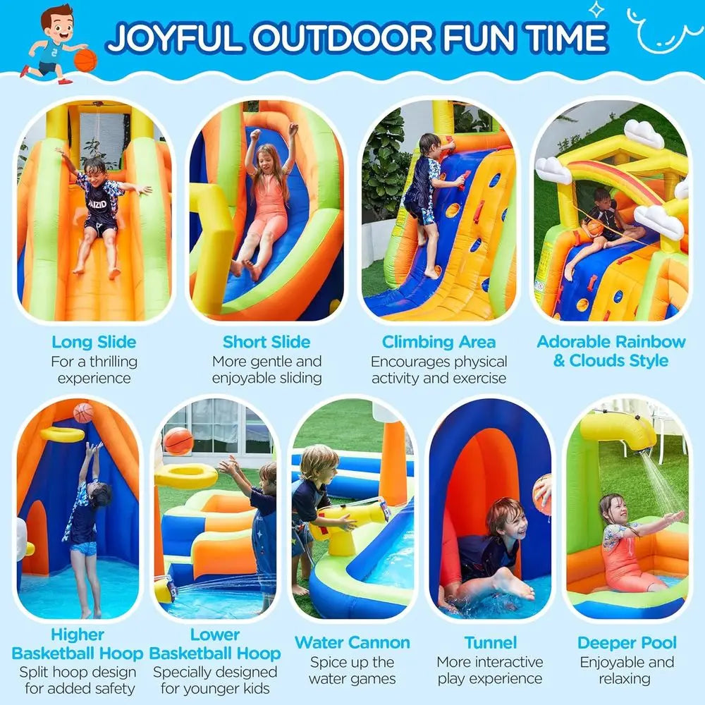 10-in-1 Rainbow Combo Water Slide with 2 Pools, Climbing Wall, Tunnel, and Double Slides for Kids 3-10 Years, 650W Blower Includ