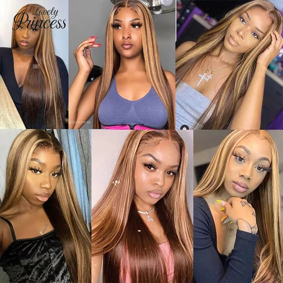 200 Density P4/27 Highlight Frontal Lace Preplucked Colored Straight Frontal Wig 40 Inch HD Transparent Lace Human Hair Wigs