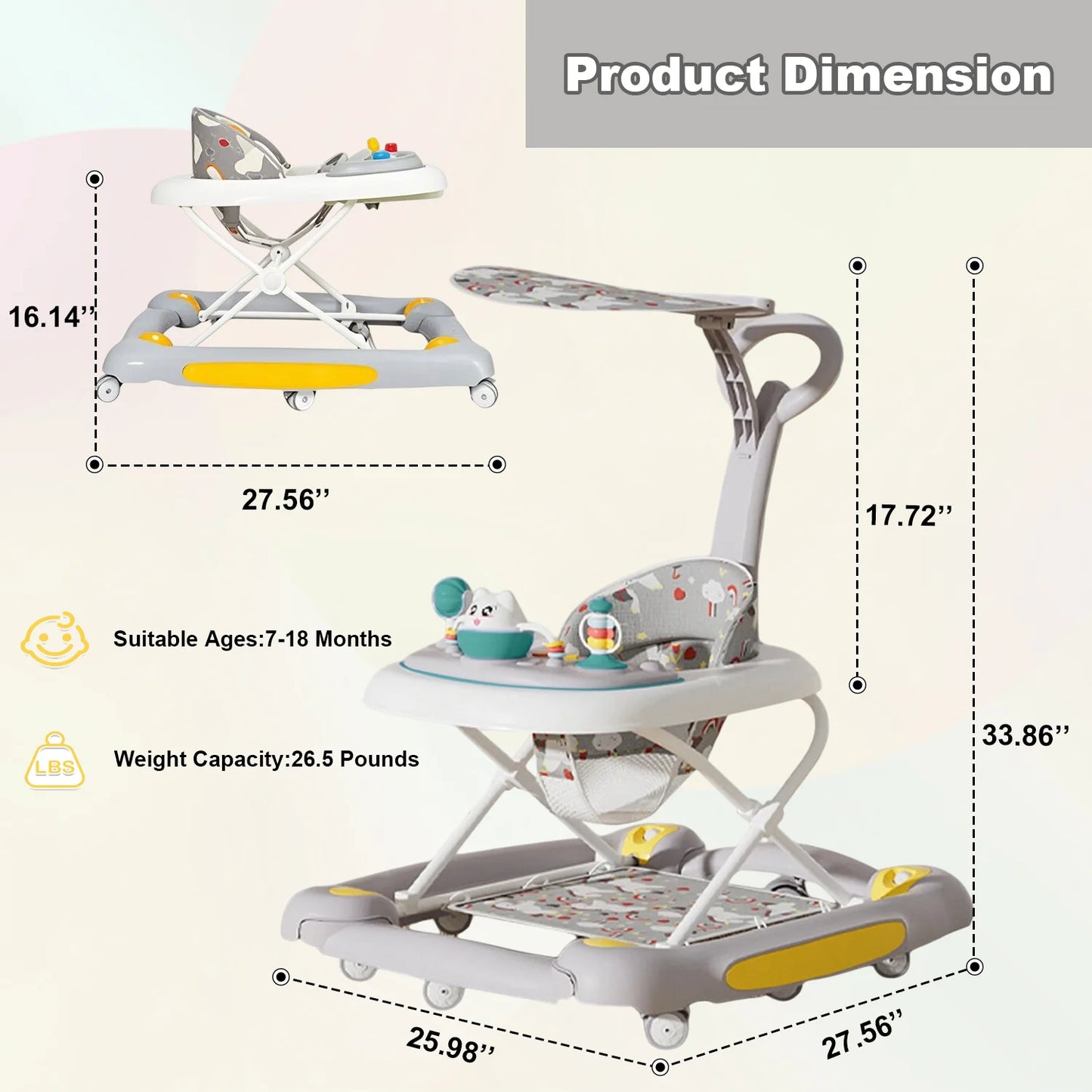6 in 1 Baby Walker with Music,Lights,Spinning Wheels,Toy Rack,Pusher,Dining Tray For 7 Months Plus Kids Push Walker Antirollover