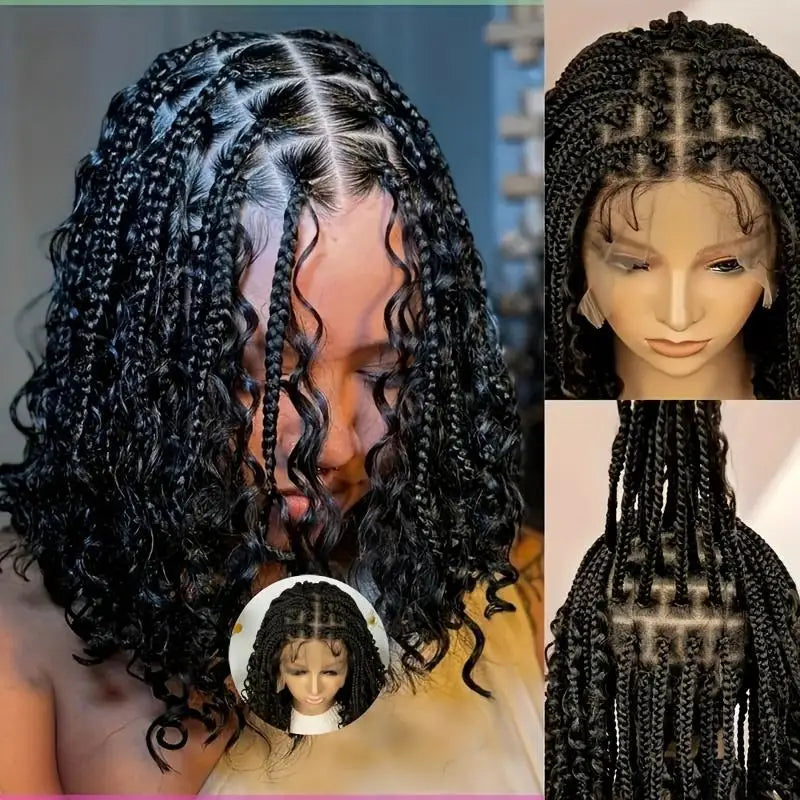 Knotless Box Braided Wigs with Curly Ends Synthetic Full Lace Braided Lace Wigs Short Boho Braided Bob Wigs for Black Women