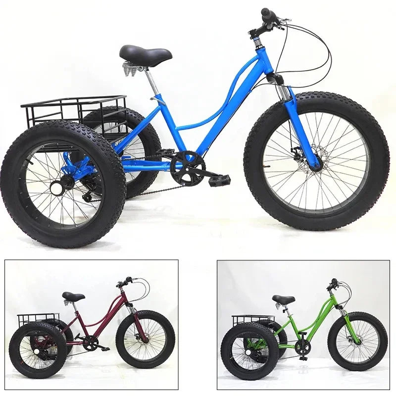 24 inch tricycle disc brake MTB fat tire off-road tricycle with basket Fatbike 7 speed three wheel Bike leisure elderly tricycle