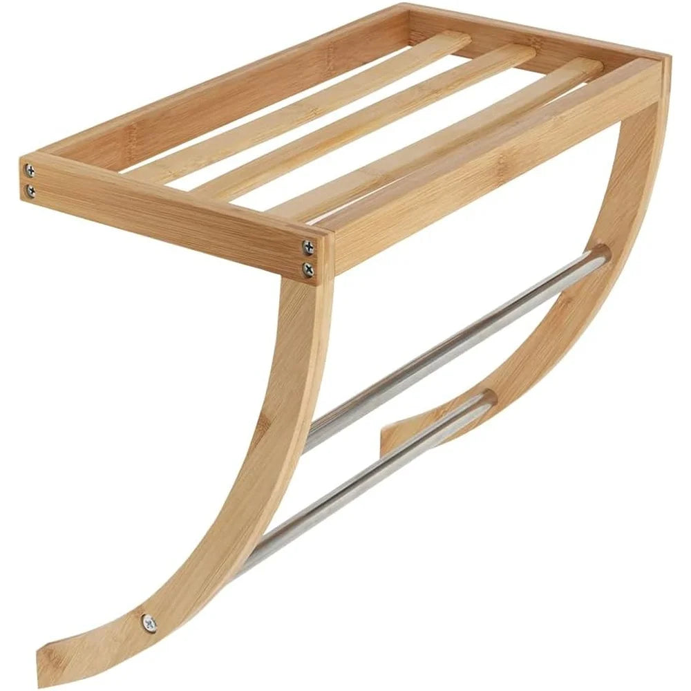 Bamboo Wall Mount Shelf with 2-Tier Towel Rack Open Slanted Organizer Durable Eco-Friendly Storage Solution Easy Installation