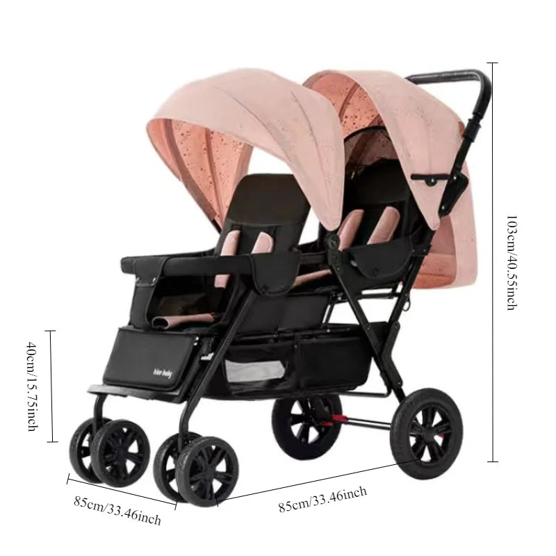 Large Double Stroller Sit Lying Foldable Portable Front & Rear Seat with Adjustable Backrest Canopy Double Brake Storage Basket