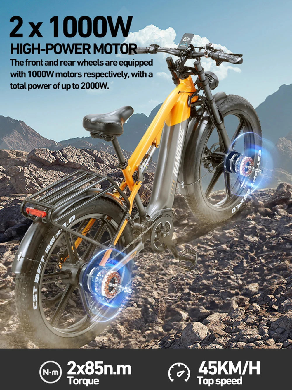 RANDRIDE YX80 2000W Dual Motor All-Terrain E-Bike 48V 20Ah Long Range Full Suspension Shimano 7-Speed Off-Road Electric Bike
