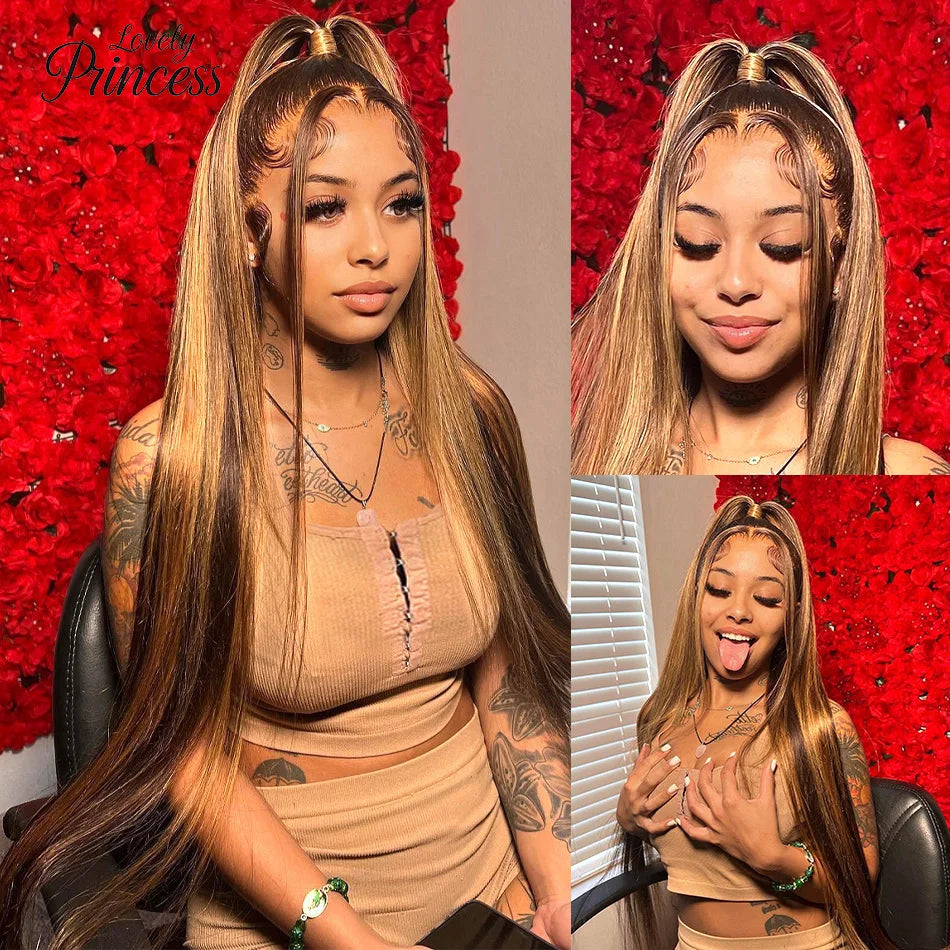 200 Density P4/27 Highlight Frontal Lace Preplucked Colored Straight Frontal Wig 40 Inch HD Transparent Lace Human Hair Wigs