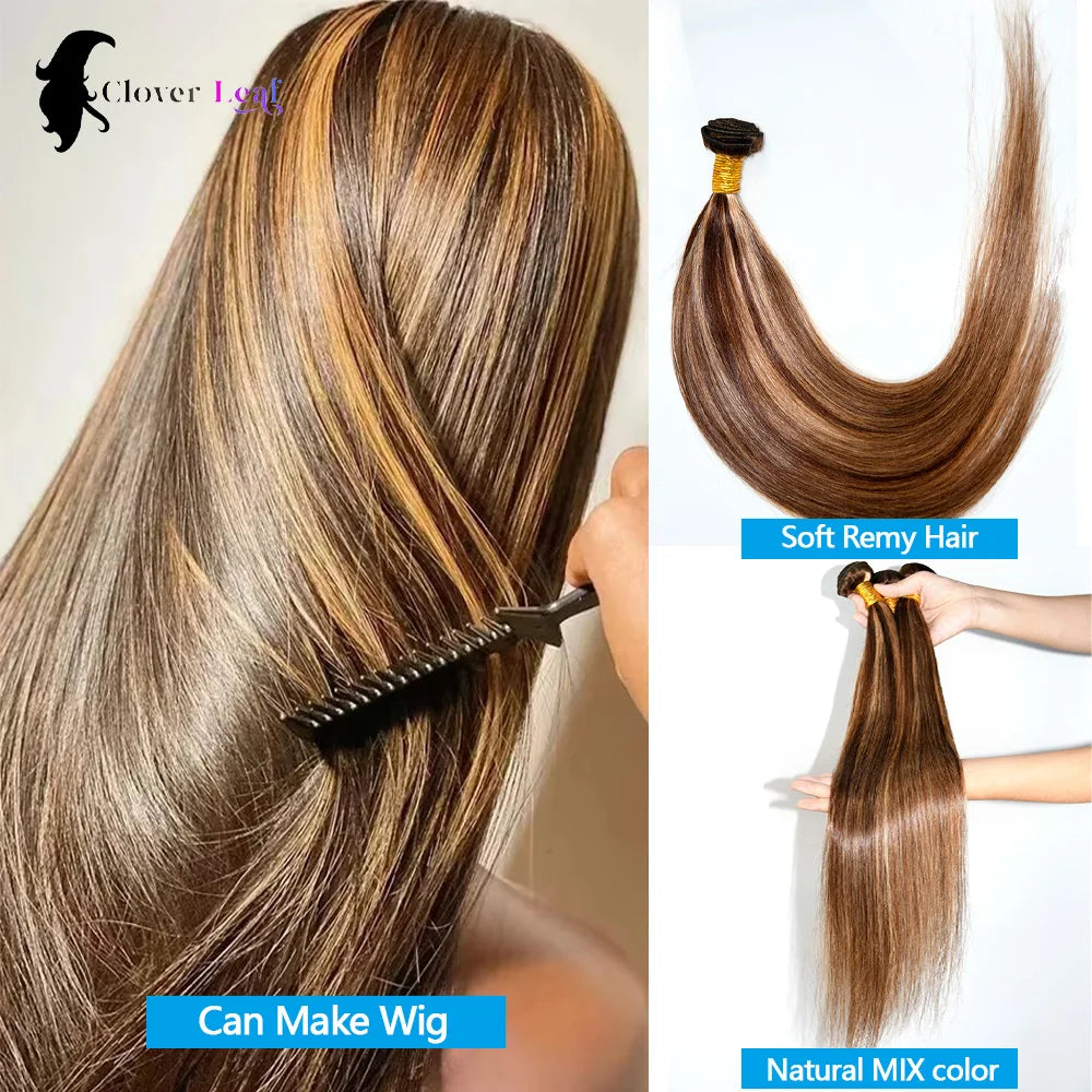 P4/27 Highlight Bundles Human Hair 22 24 26 Inch Straight Brazilian Raw Human Hair Bundles Brown Colored Remy Hair Extensions