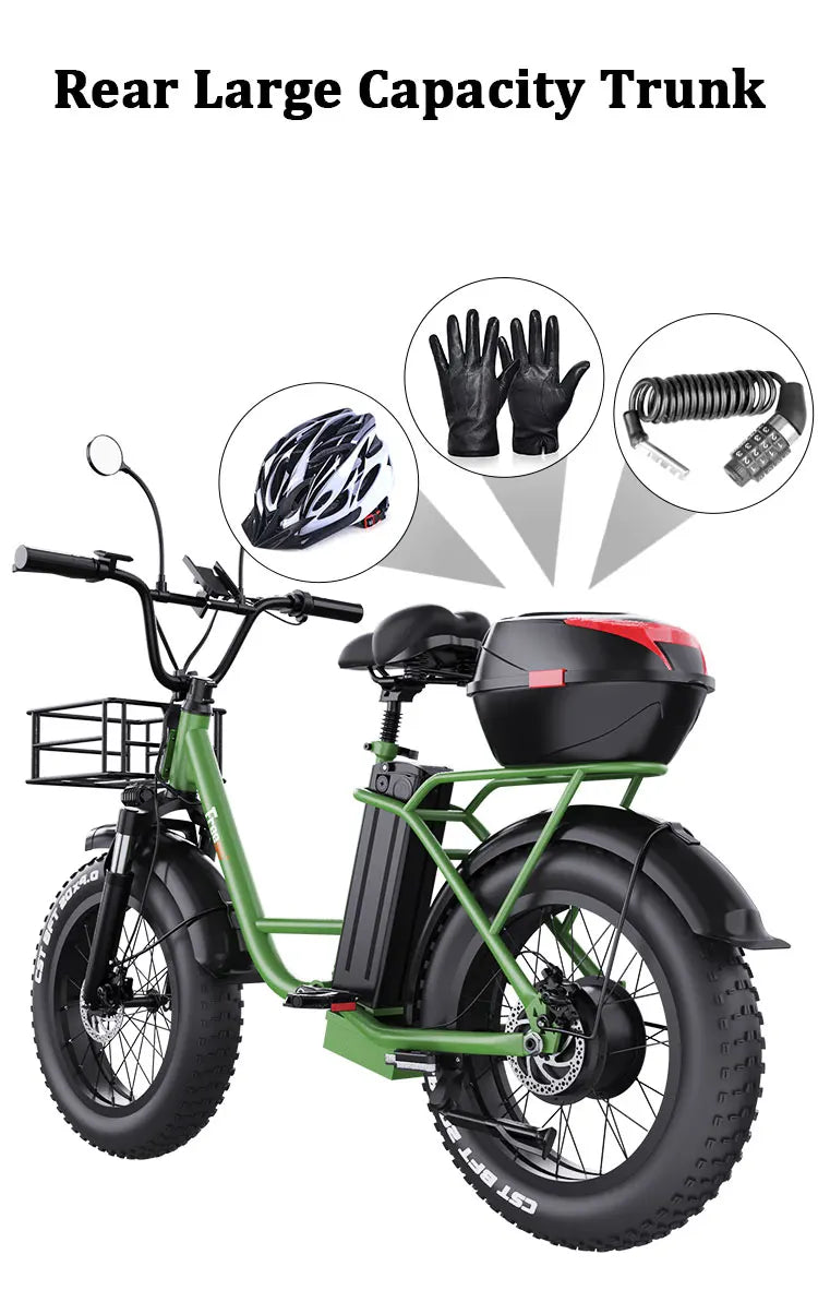 Freego Electric Dirt Bike for Adults 20" x 4 Fat Tire Electric Bicycle 48V 25AH Battery with Front and Rear Cargo Rack 2 Seater