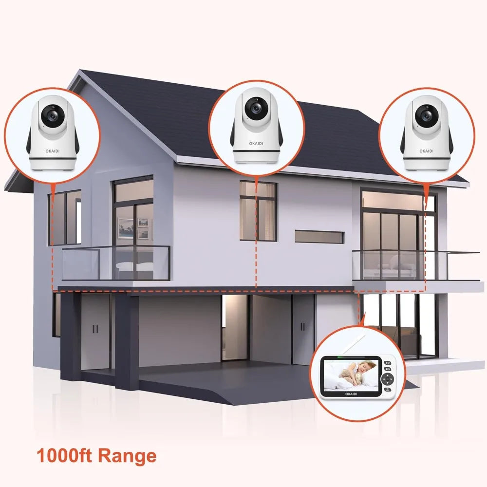 Video Baby Monitor with 3 Cameras, 5" Display Baby Monitor No WiFi, 30H Battery and 1000ft Range, 2-Way Talk, 8 Lullabies, Remot