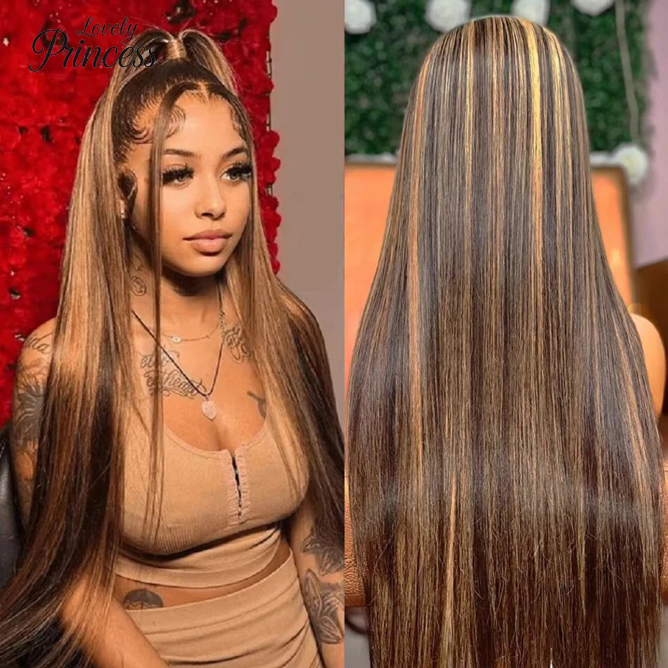 200 Density P4/27 Highlight Frontal Lace Preplucked Colored Straight Frontal Wig 40 Inch HD Transparent Lace Human Hair Wigs
