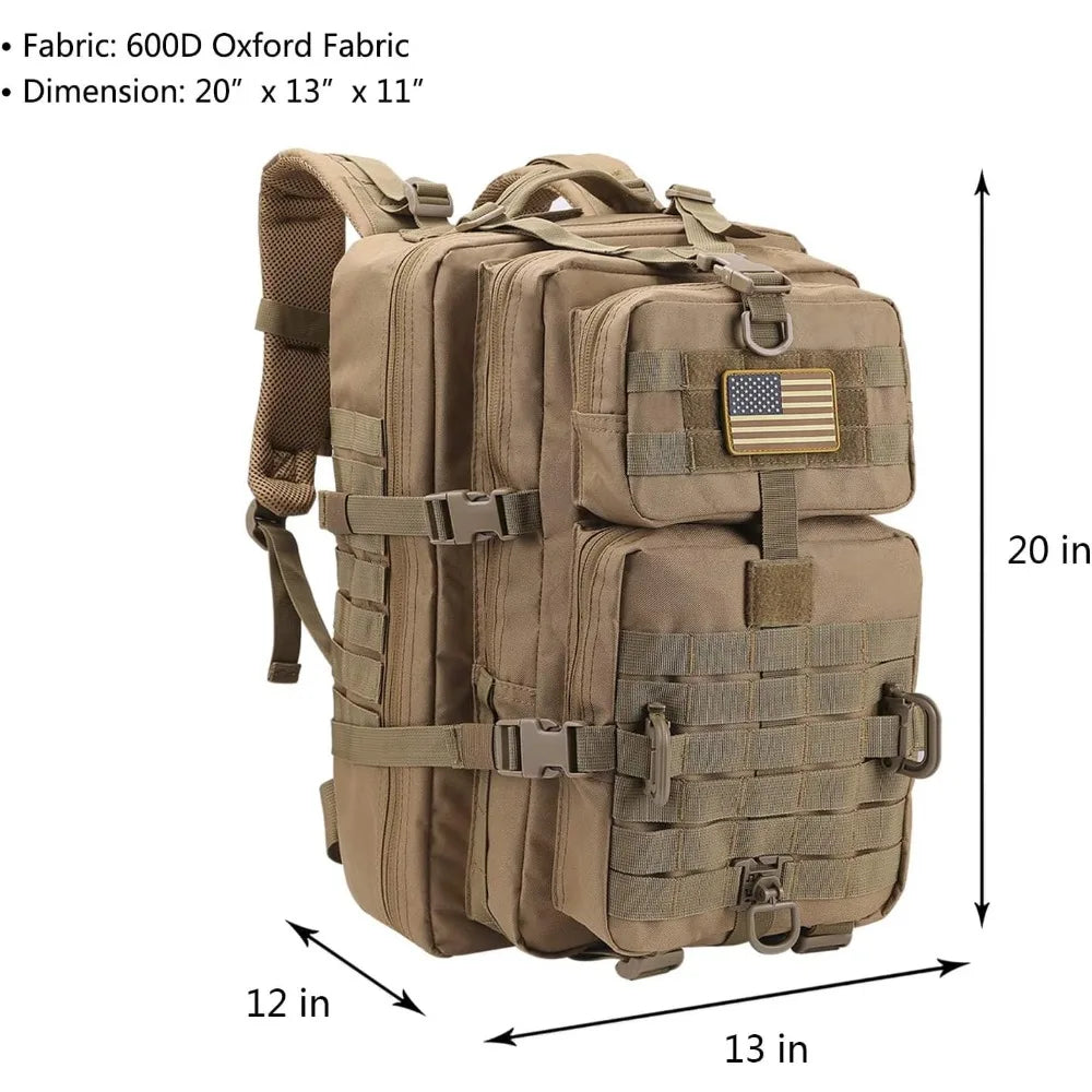 MOLLE Assault Pack, Tactical Backpack Military Army Camping Rucksack, 3-Day Pack Trip w/USA Flag Patch, D-Rings, Coyote