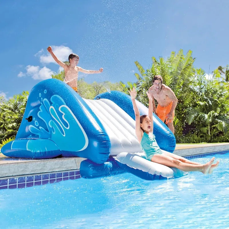 NEW Inflatable Water Slide Swimming Pool Play Center with Built in Sprayers for Kids and Adults, Ages 6 and Up, Blue