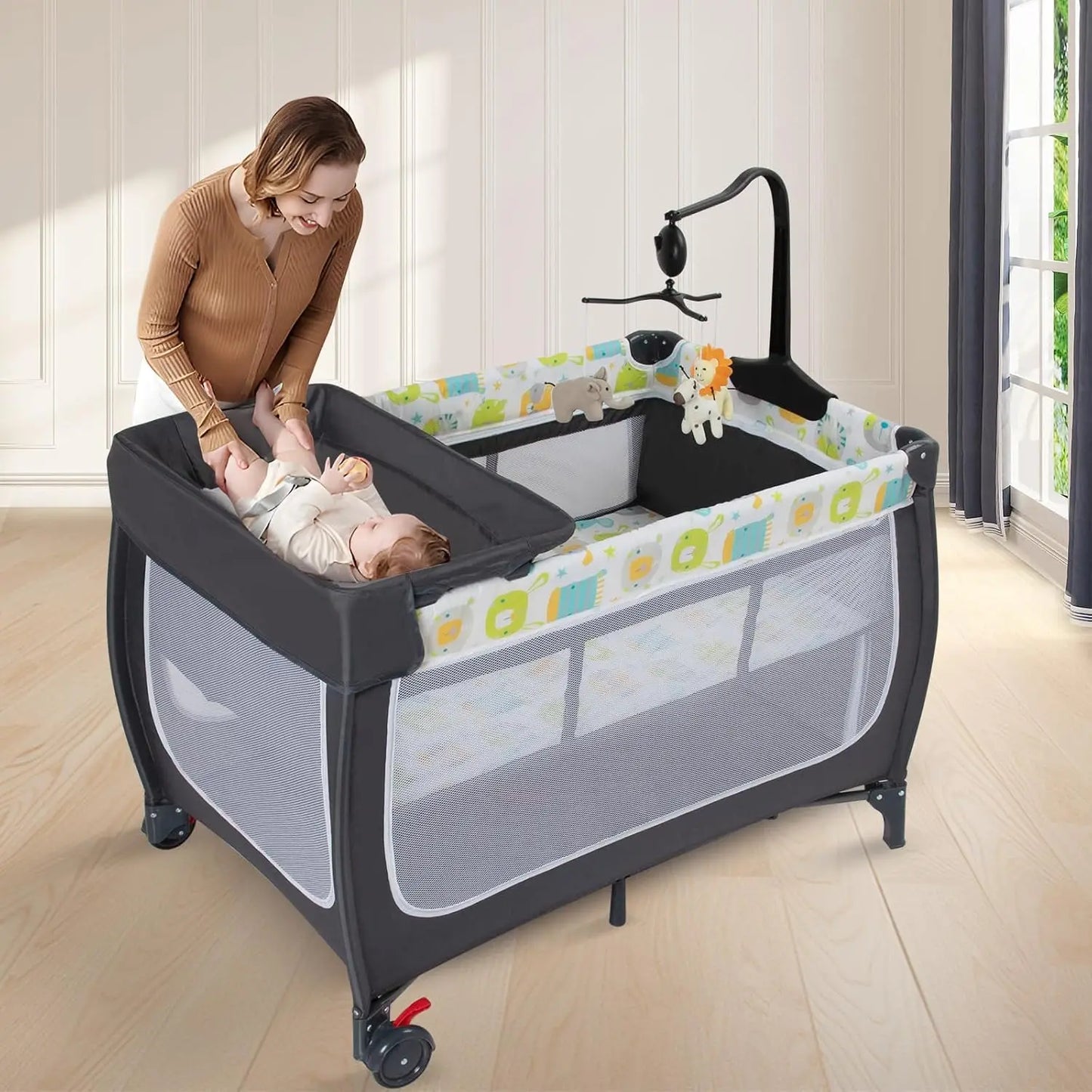 4 in 1 Pack and Play,Portable Baby Crib Deluxe Nursery Center, Foldable Travel Playard with Bassinet,Adjustable Canopy