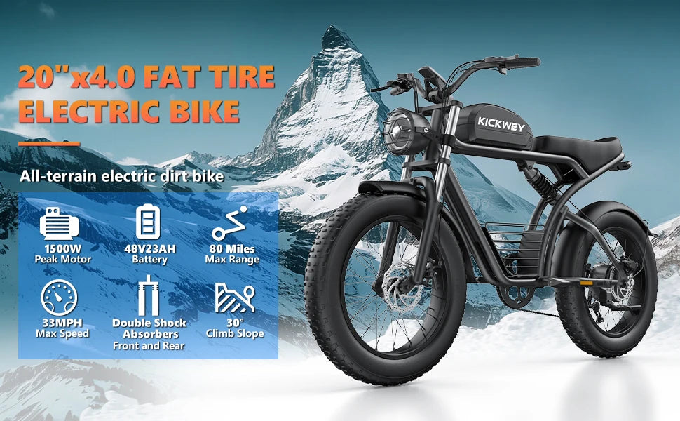 Kickwey K7 Adult Electric Bike 1500W Motor 7-Speed Dual Disc Brakes Full Suspension Ebike 20x4 Wide Tire 50-Mile  E Bike
