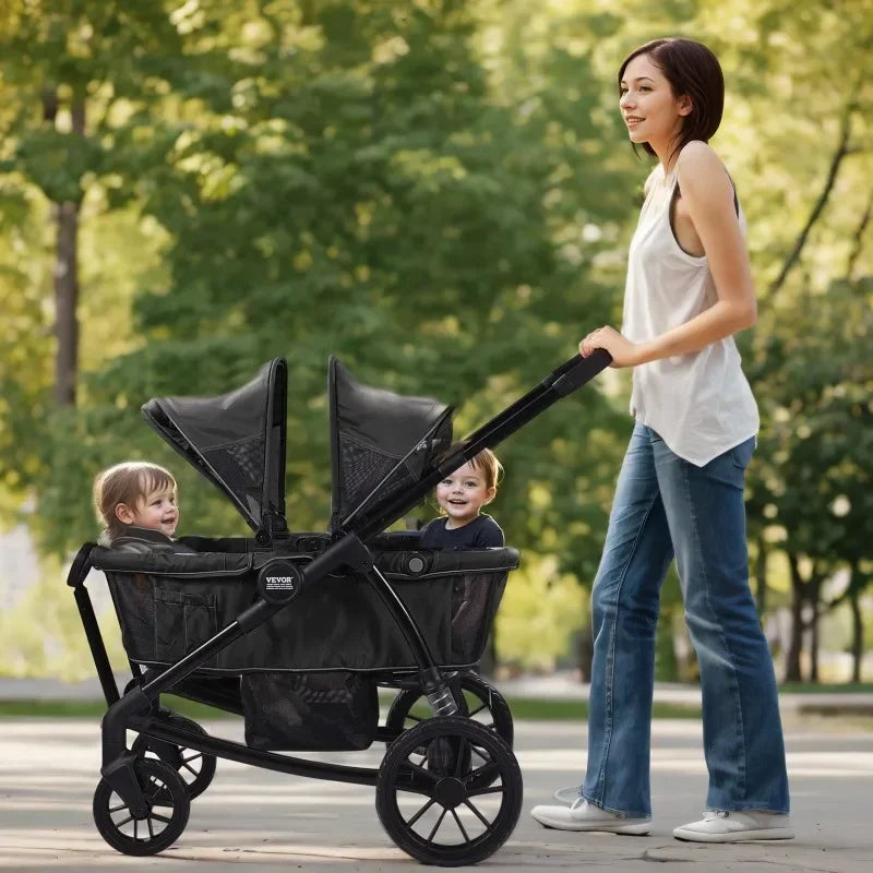 All-Terrain Stroller Wagon, 2 Seats Foldable Expedition 2-in-1 Collapsible Wagon Stroller, Includes Canopy, Parent Organizer