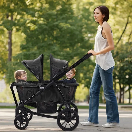 All-Terrain Stroller Wagon, 2 Seats Foldable Expedition 2-in-1 Collapsible Wagon Stroller, Includes Canopy, Parent Organizer
