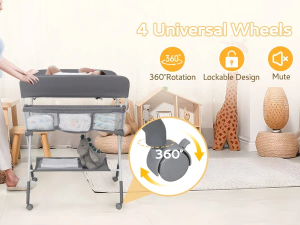 Portable Baby Changing Table with Wheels, Foldable Changing Station, Waterproof Height Adjustable Changing Table