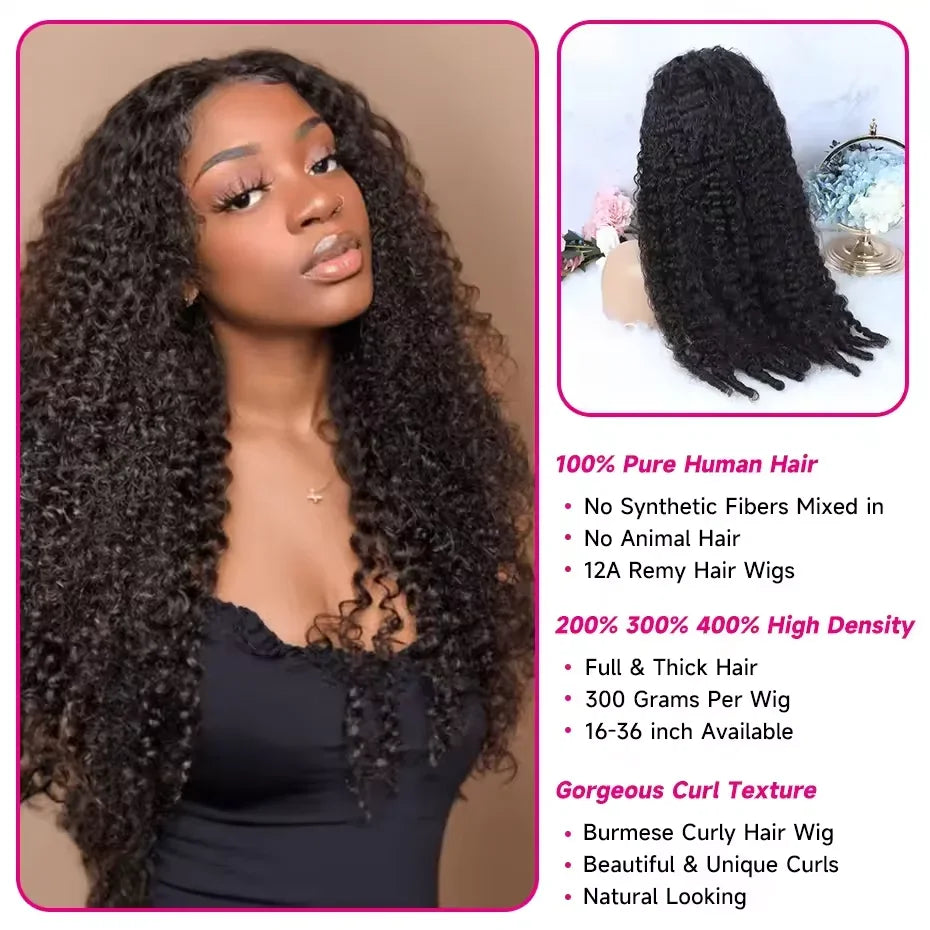 300% Density 13x6 HD Burmese Curly Human Hair Wig Glueless Wear And Go 100% Human Hair Water Wave Wigs with Spiral End for Women