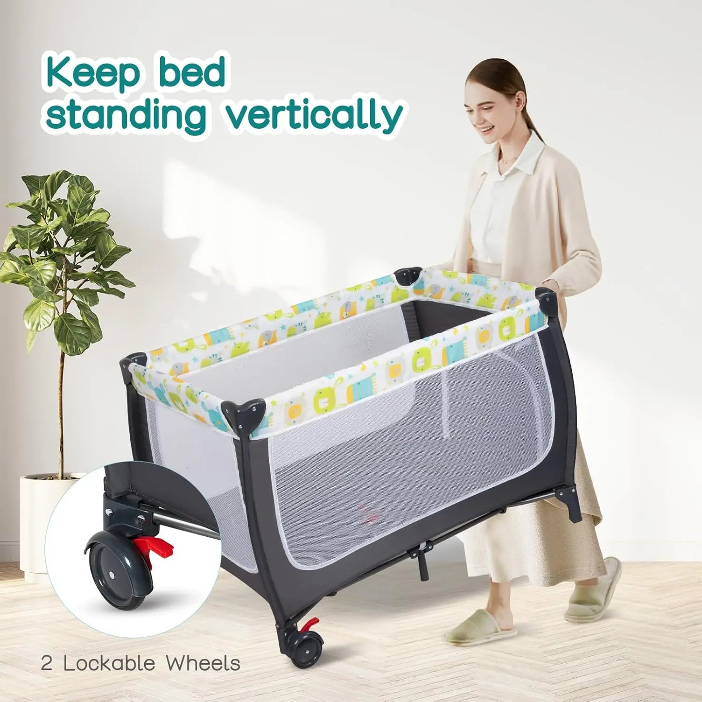 4 in 1 Pack and Play,Portable Baby Crib Deluxe Nursery Center, Foldable Travel Playard with Bassinet,Adjustable Canopy