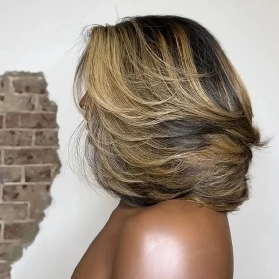 10 12inch Layered Glueless Bob Wigs Human Hair for Black Women Brown Blonde Highlight Layered Cut Bob 5x5 Lace Closure Wig