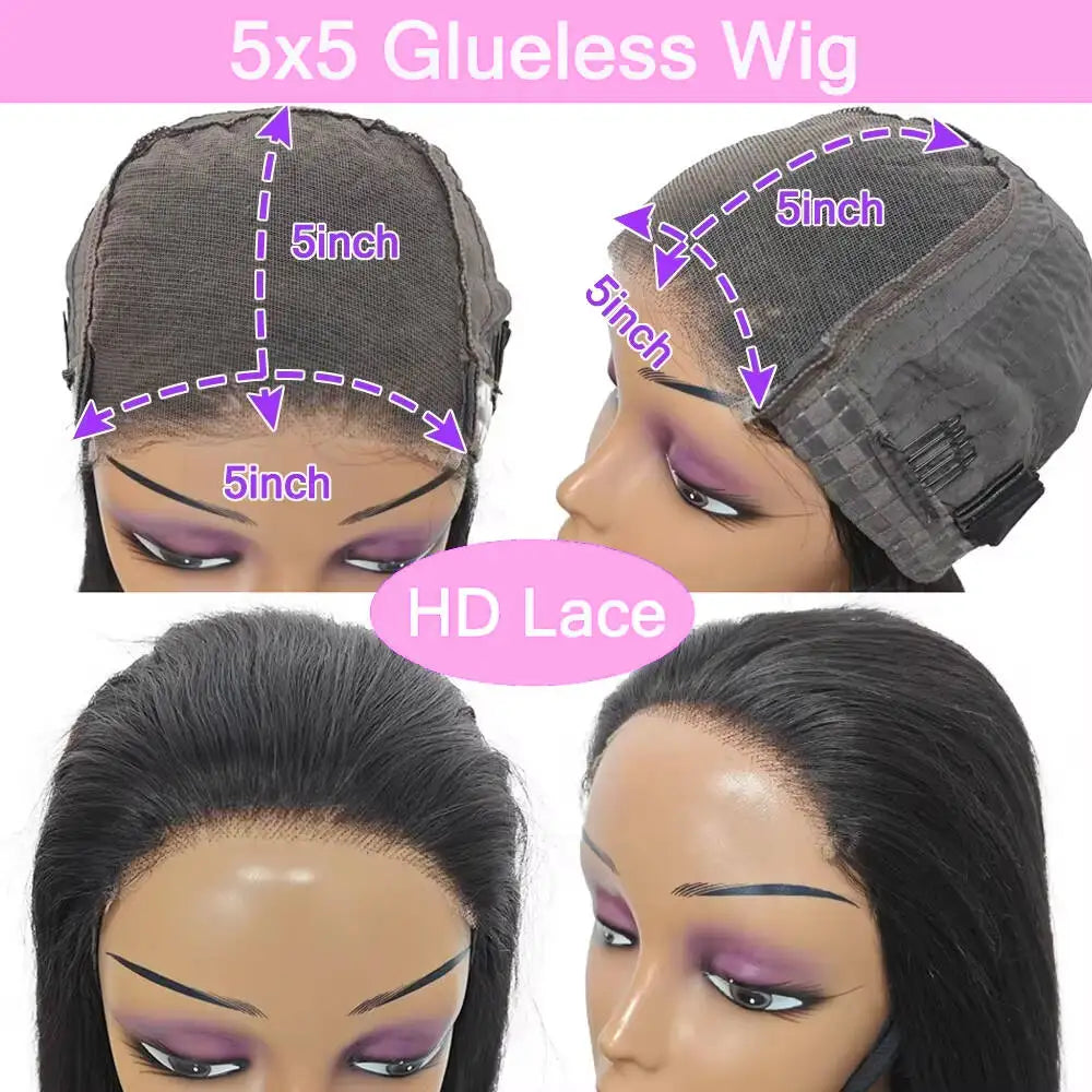 5x5 Pre Cut Hd Lace Closure Wigs 200% Glueless Wigs Human Hair Ready To Wear Bone Straight Lace Front Wigs Human Hair  For Women