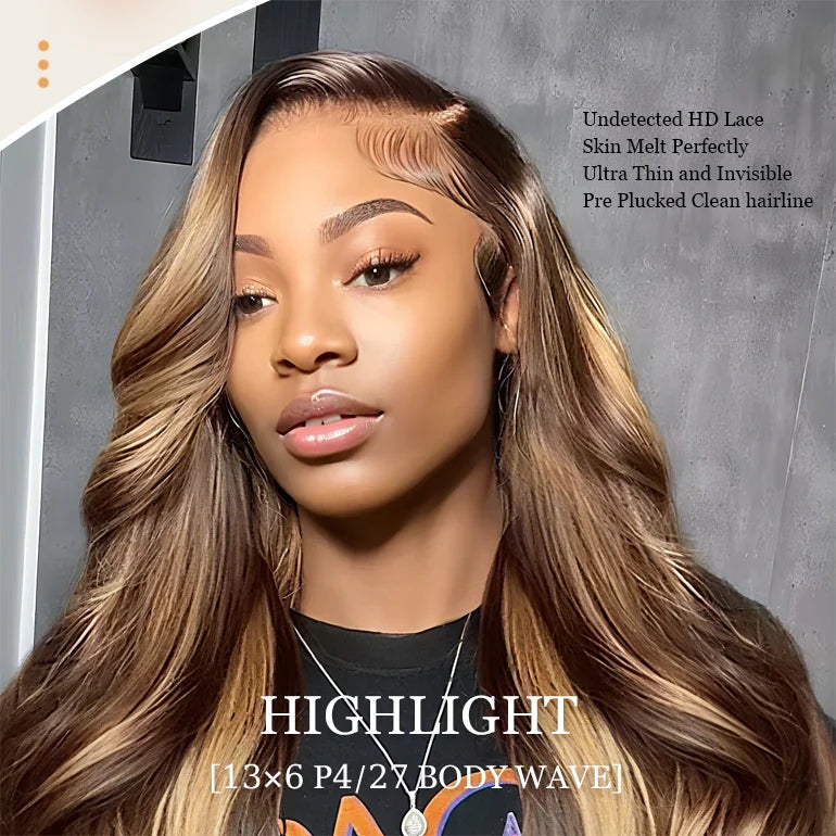13x6 Lace Frontal Wig body Wave 36 Inch 220% Density P4/27 Highlight HD Transparent Lace Brazilian Human Hair Wigs For Women