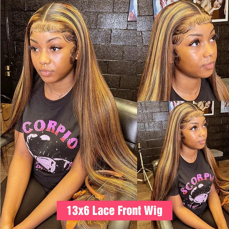 Highlight Glueless Wigs Human Hair Ready To Wear And Go For Women Preplucked Brazilian Ombre Straight 13x6 HD Lace Frontal Wig