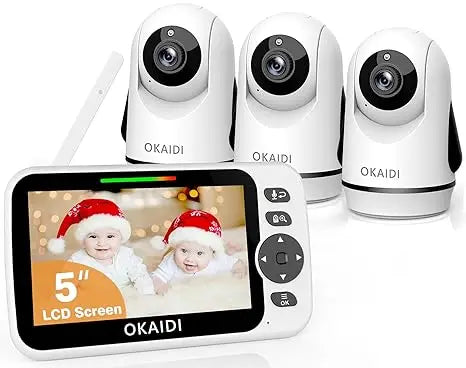 Video Baby Monitor with 3 Cameras, 5" Display Baby Monitor No WiFi, 30H Battery and 1000ft Range, 2-Way Talk, 8 Lullabies, Remot