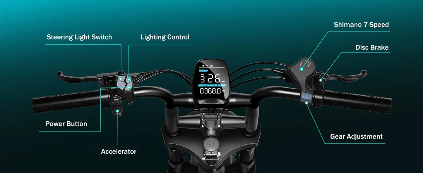 TST R002S 1500W e-bike, 20" fat tires, 60-mile range, 28MPH, 48V 15Ah battery, for all terrains.