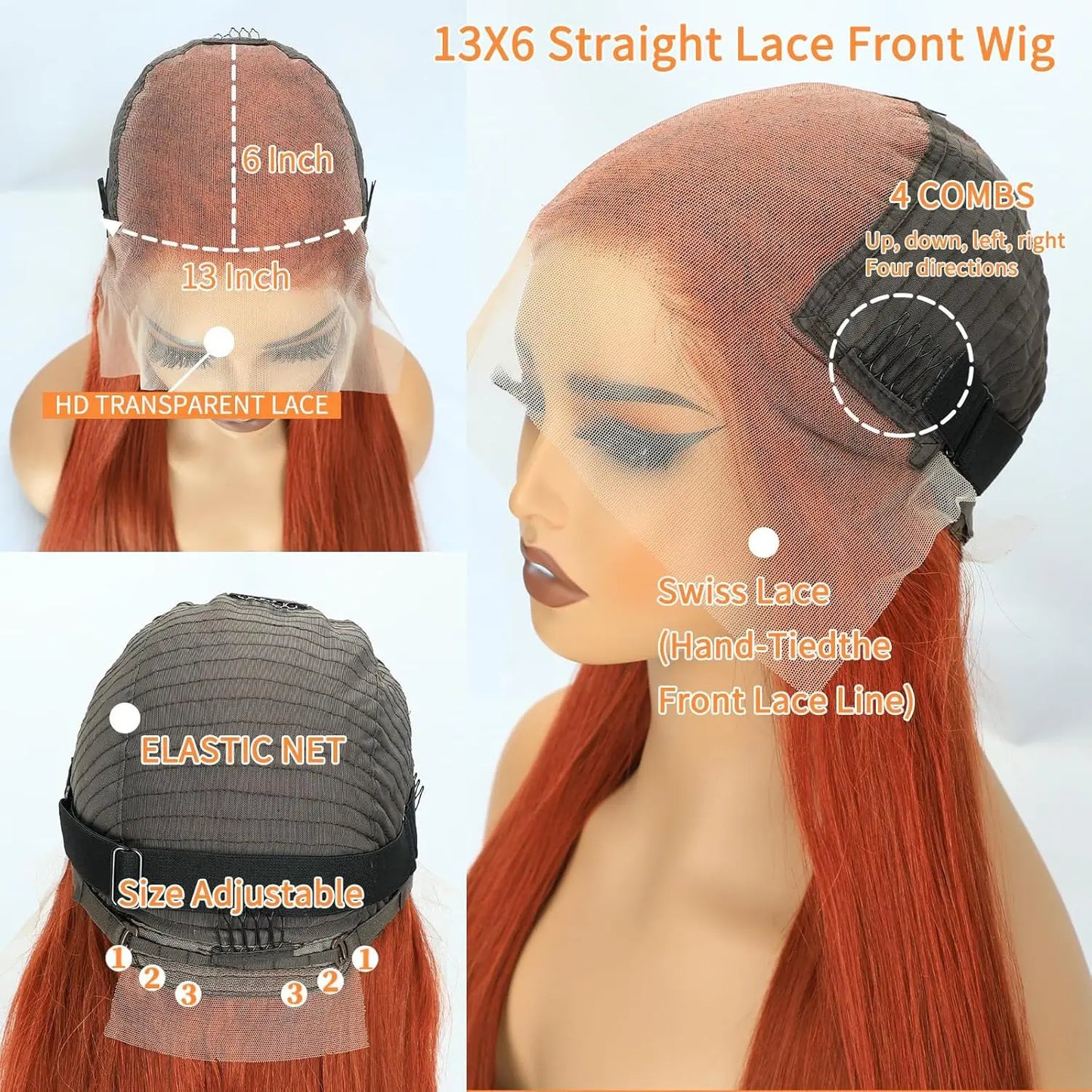 Bone Straight 13x6 Lace Front Wigs Human Hair 200% Density Ginger Colored HD Transparent Lace Frontal Wig Pre Plucked Remy Hair