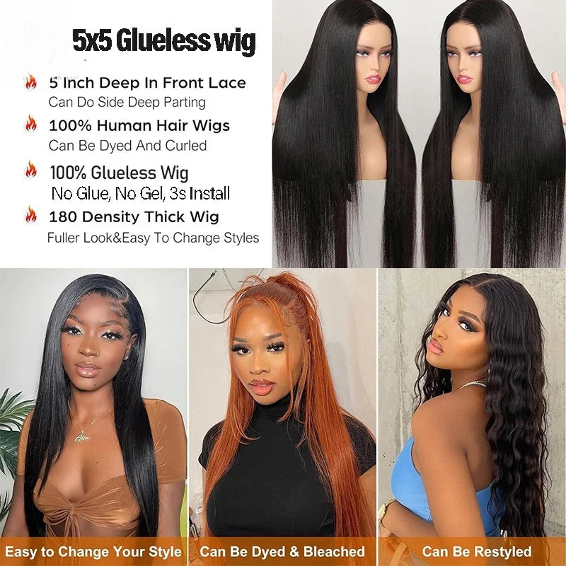 5x5 Pre Cut Hd Lace Closure Wigs 200% Glueless Wigs Human Hair Ready To Wear Bone Straight Lace Front Wigs Human Hair  For Women