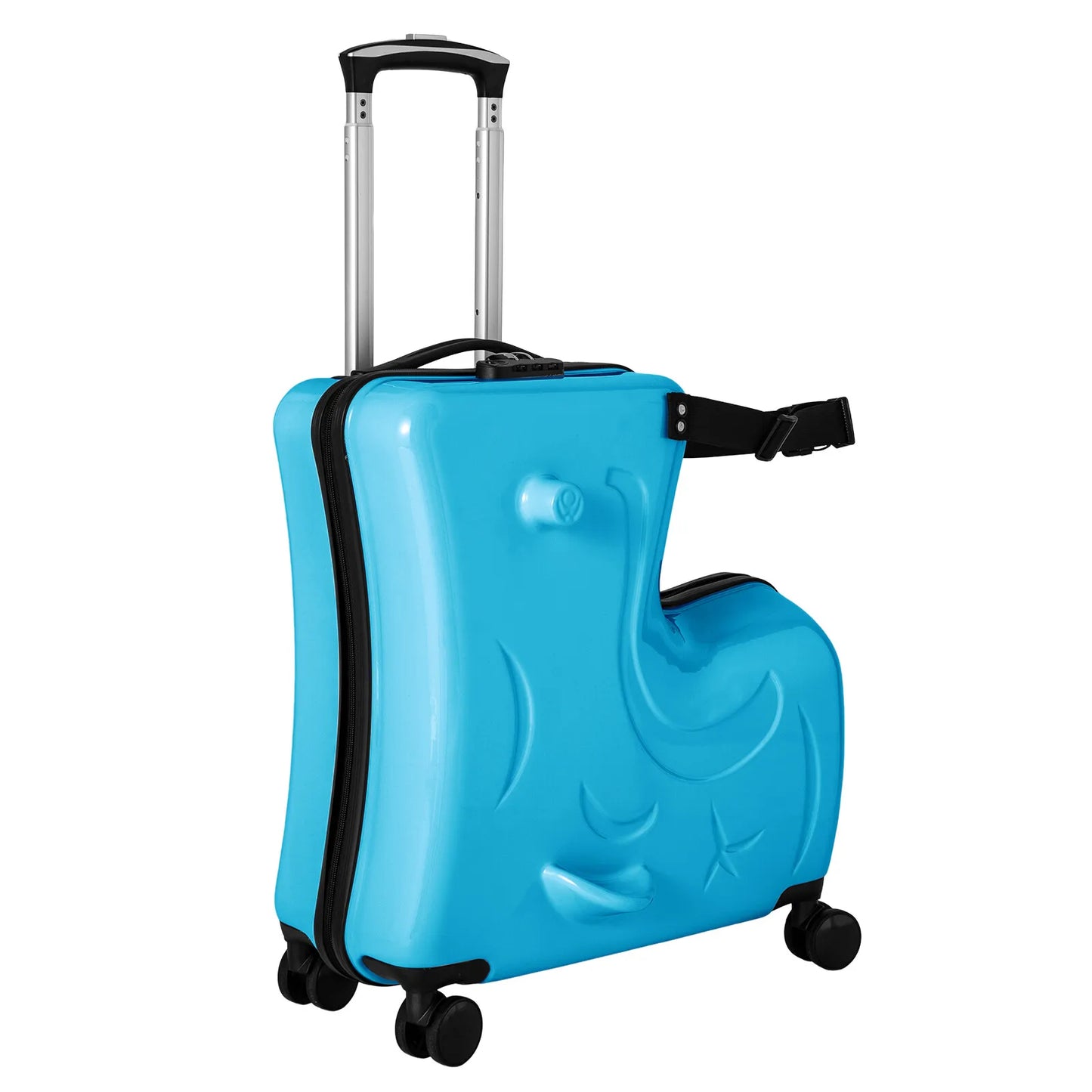 82-100cm Horse Shaped Blue Luggage Case Kids Ride-On Roll Suitcase Luggage Bags Wheeled Trolley Lugg 30kg Children Aged 3-6