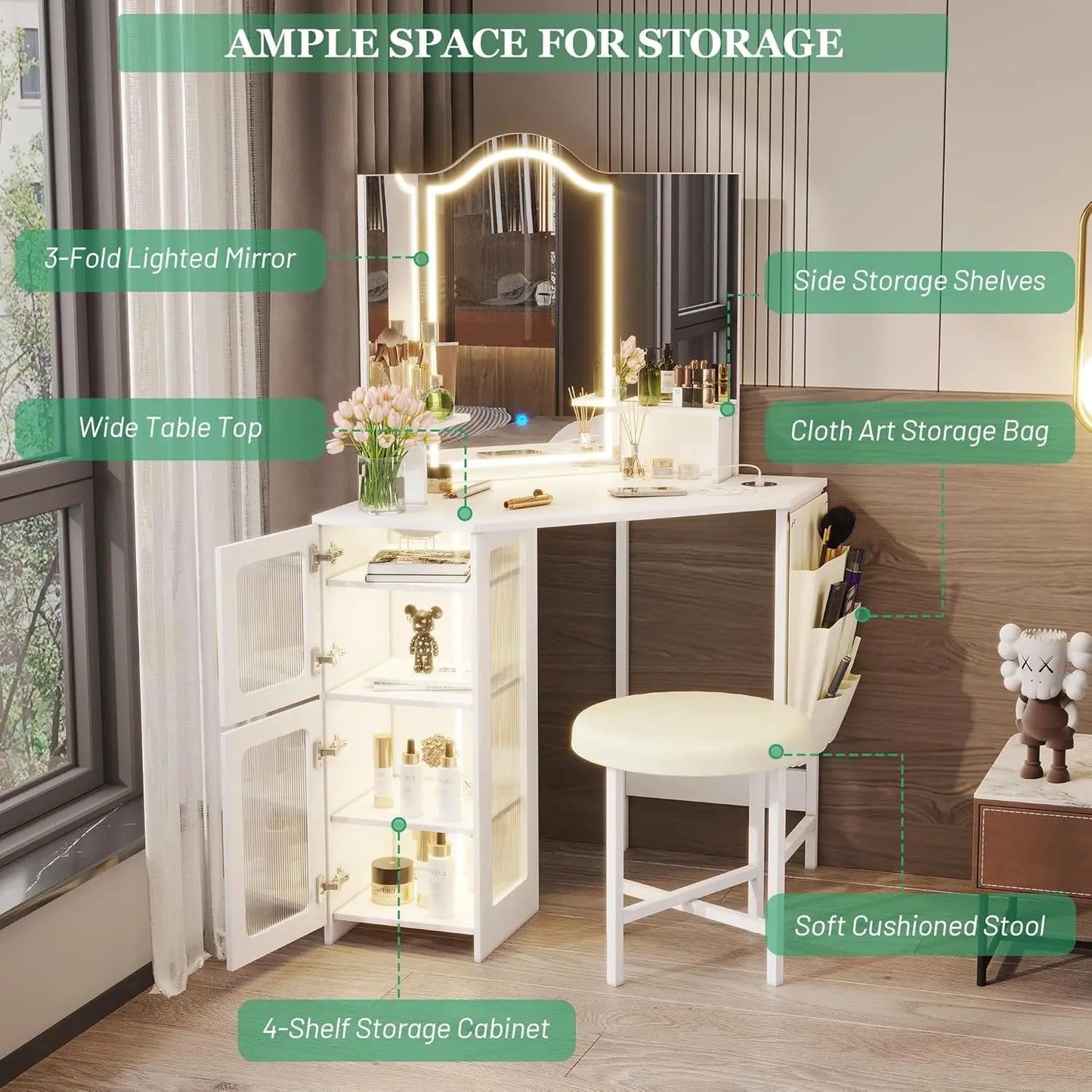 White Vanity Desk with Lighted Mirror, Makeup Table with LED Lights, Dressing Table with Charging Station