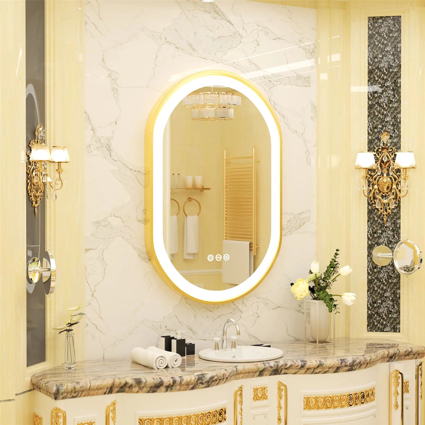 Large LED Oval Bathroom Mirror with Stepless Dimmable Lighted Vanity Mirror for Wall Mounted Vanity with Frame Anti-Fog Memory
