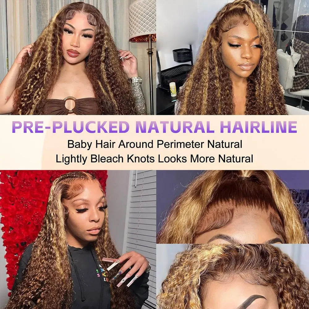 Ombre Highlight Curly Lace Front Human Hair Wigs 250% 13x4 HD Transparent Deep Wave Frontal Wig P4/27 5x5 Gluless Closure Wigs