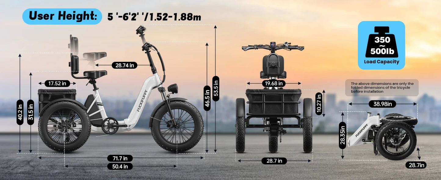 PUCKIPUPPY Electric Tricycle for Adult with 960W Peak Motor 60 Miles Range Pickup Class Trike 500 Lbs Load Electric Trike