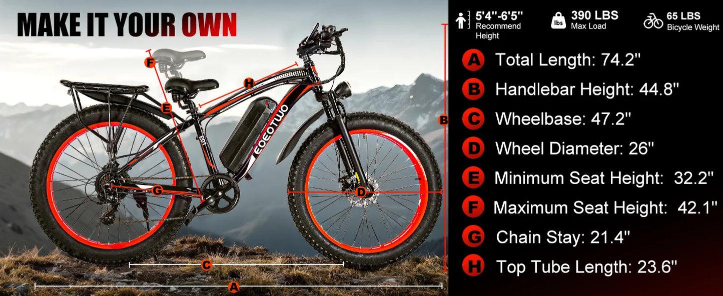 EOEOTWO E01 Electric Bike Adult 26" Fat Tire 1500W Peak Motor Electric Bicycle 34Mph Mountain E Bike 60Mile Range 48V15AH E Bike