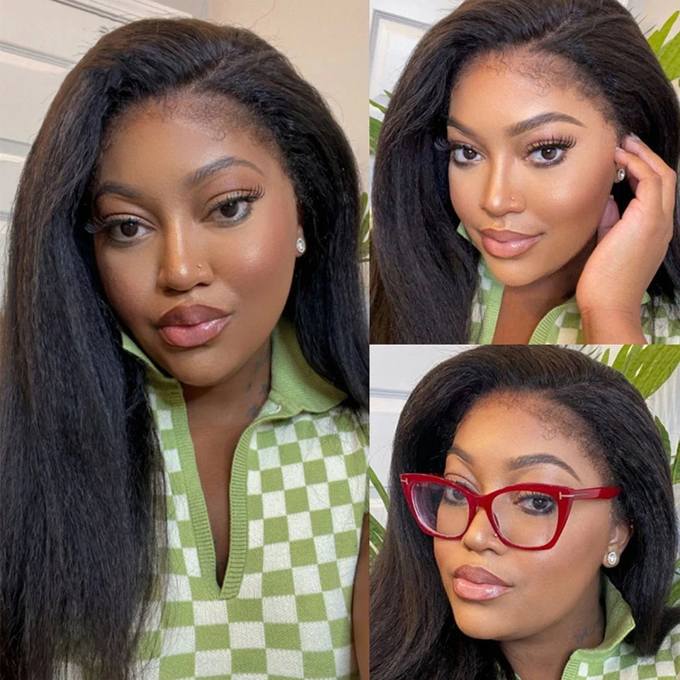 Yaki Kinky Straight Glueless Wigs Human Hair Ready To Wear Preplucked 4C Edges 13x6 HD Lace Frontal Wig Human Hair For Women 200