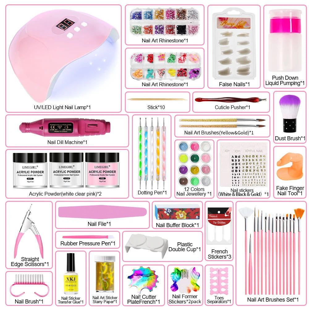 Nail Glitter Acrylic Powder Set for Beginner Manicure Crystal 3D Art DIY Carving Kit with Nails Lamp and Drill Professional Tool