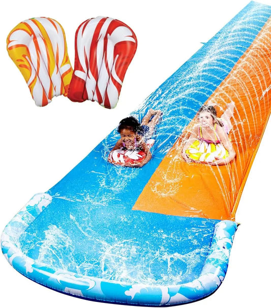 32.5ft Extra Long Double Lawn Water Slide with Sprinkler and Inflatable Boards for Kids Adults Summer Fun