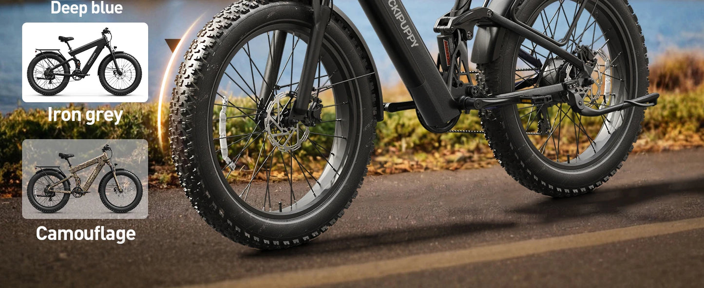 PUCKIPUPPY Dual Battery Electric Bike for Adults 1350W 48V 30AH Ebike 26" Fat Tire Full Suspension Electric Mountain Bike